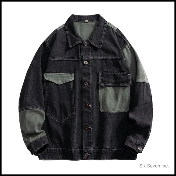 Oversized Denim Jacket Patchwork Y2K Retro Classic Button Down Coat